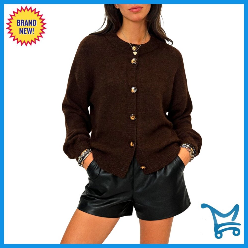 Cropped Chunky Knit Cardigan Sweater Long Sleeve Button Up Fall Winter
